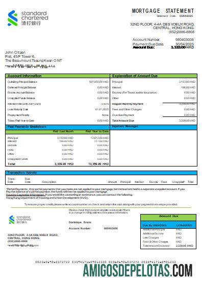 Declaração de hipoteca bancária do Hong Kong Standard Chartered Bank amostra